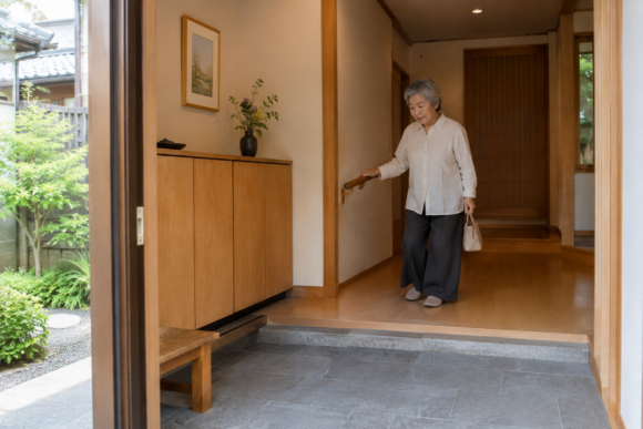 段差と手すりを整えた住宅の玄関