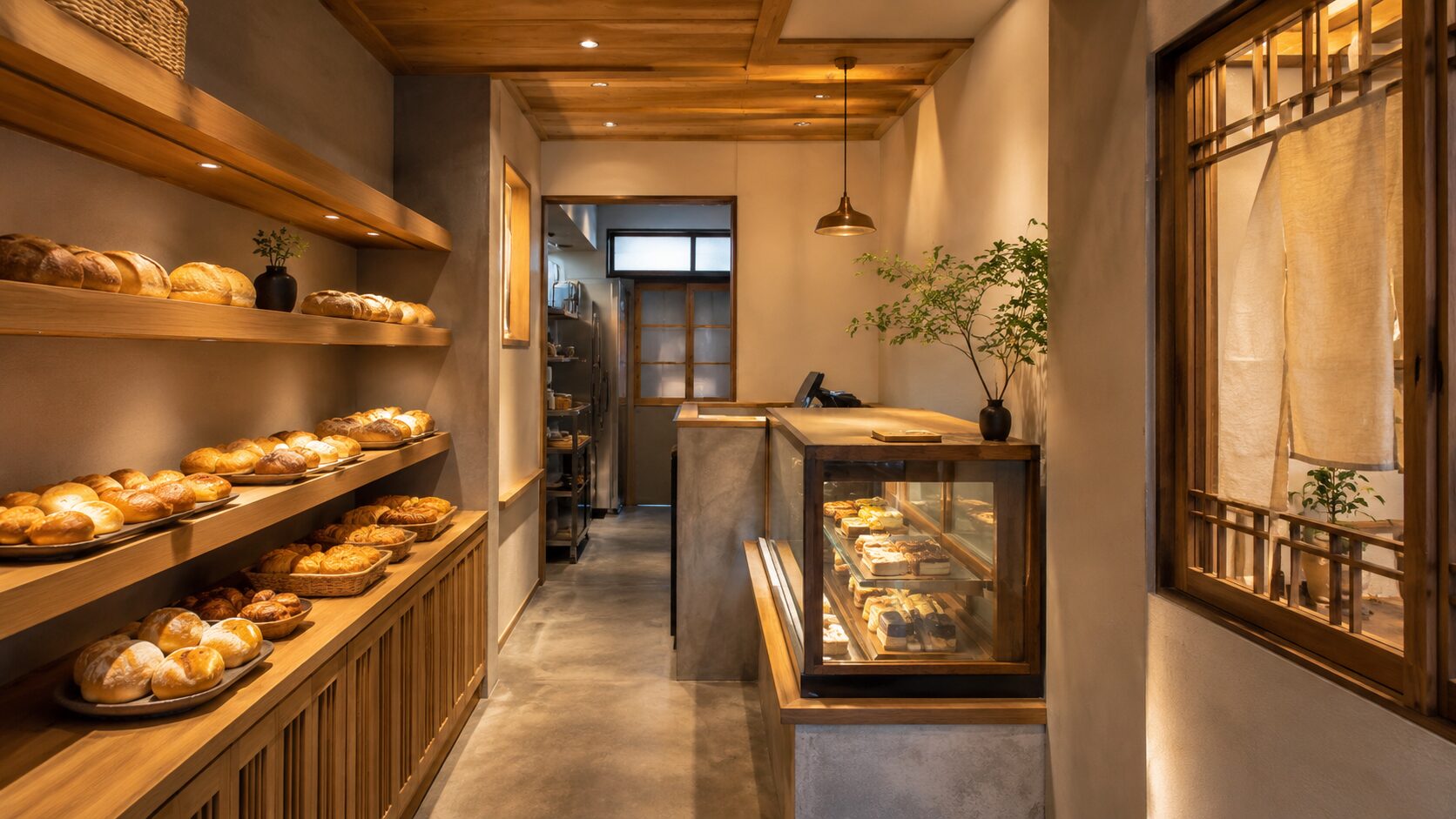 京都市で新装した小規模パン屋・ベーカリーの店舗完成写真