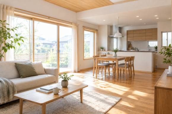 断熱を含む住宅リフォームをイメージする明るいLDK