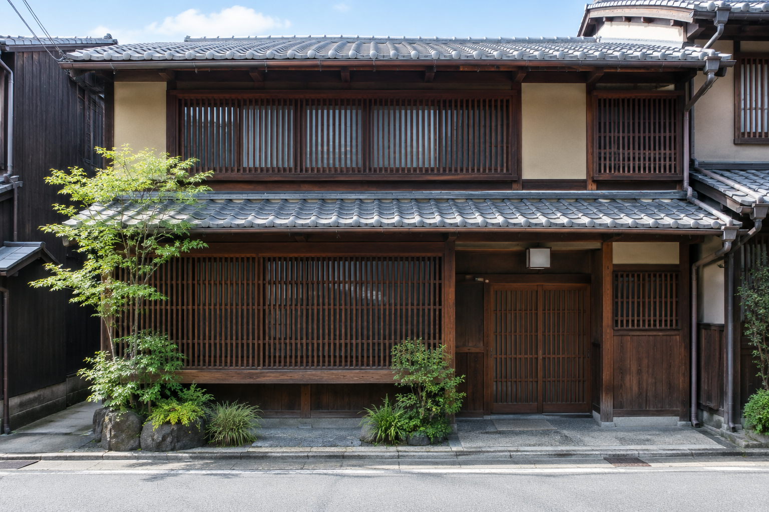 京町家の改修を考えるための伝統的な木造住宅の外観イメージ