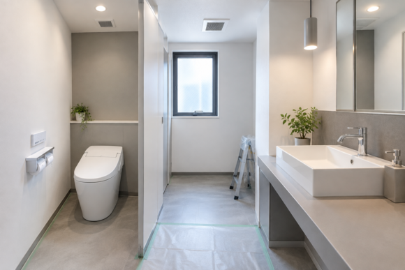 店舗トイレの設備更新と内装計画をイメージした空間